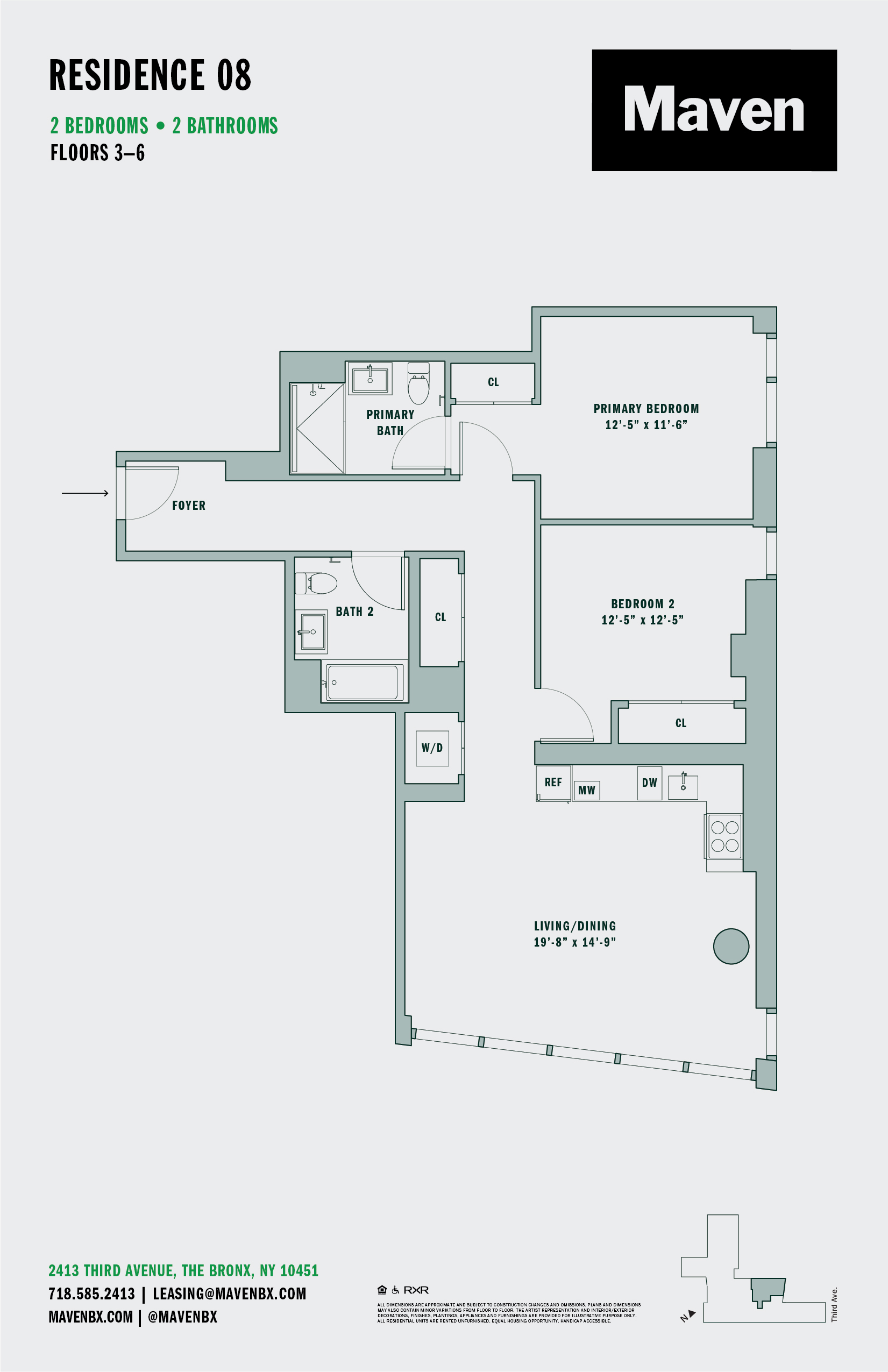 Floor plan for 2 beds, 2 baths, 1096 sqft